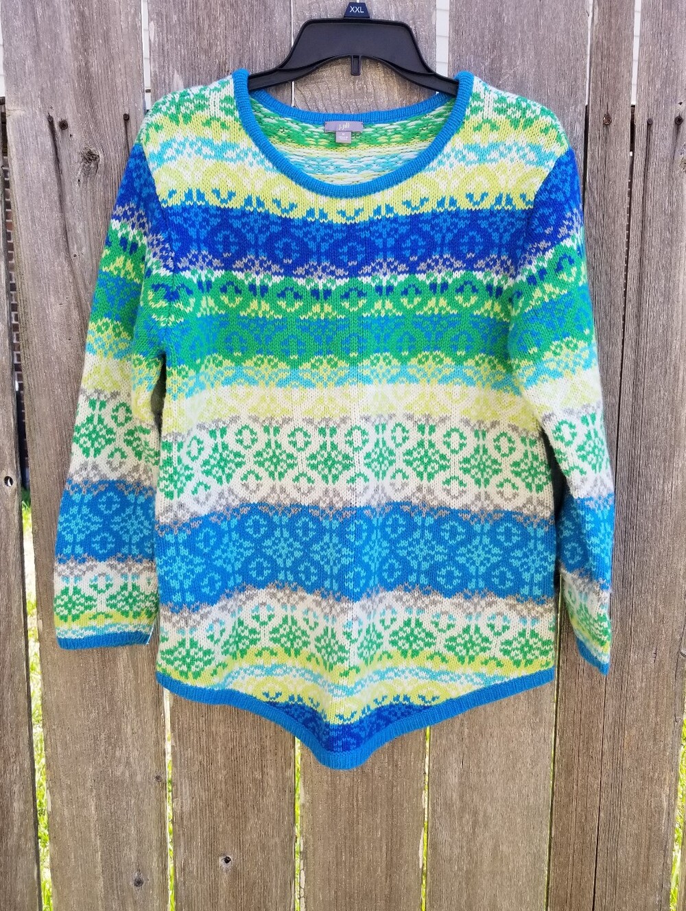 J. Jill Fair Isle Nordic Knit Sweater Blue Green Wool Angora Blend Size M